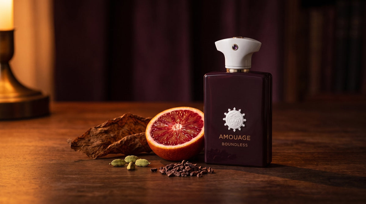 Amouage Boundless bottle on a dark walnut table beside a halved blood orange, cardamom pods, cocoa nibs and a dried tobacco leaf