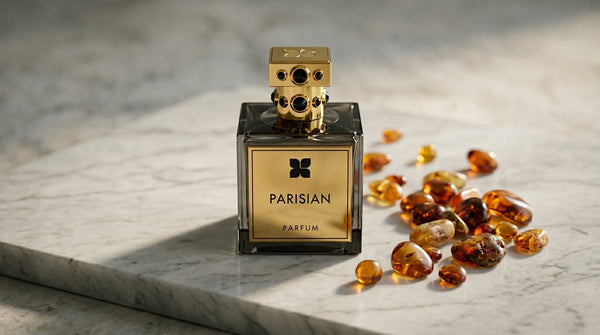 Fragrance Du Bois Parisian bottle with its gilded cap on grey marble beside pieces of amber
