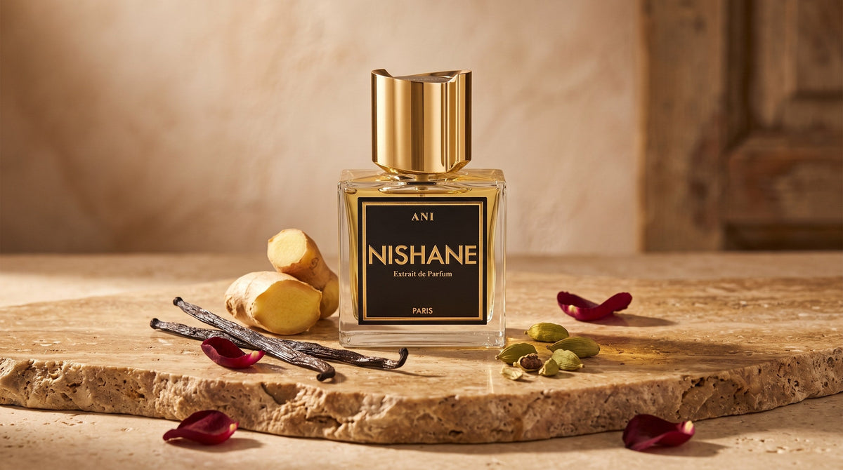 Nishane Ani extrait de parfum on travertine beside vanilla pods, cardamom, fresh ginger and red rose petals