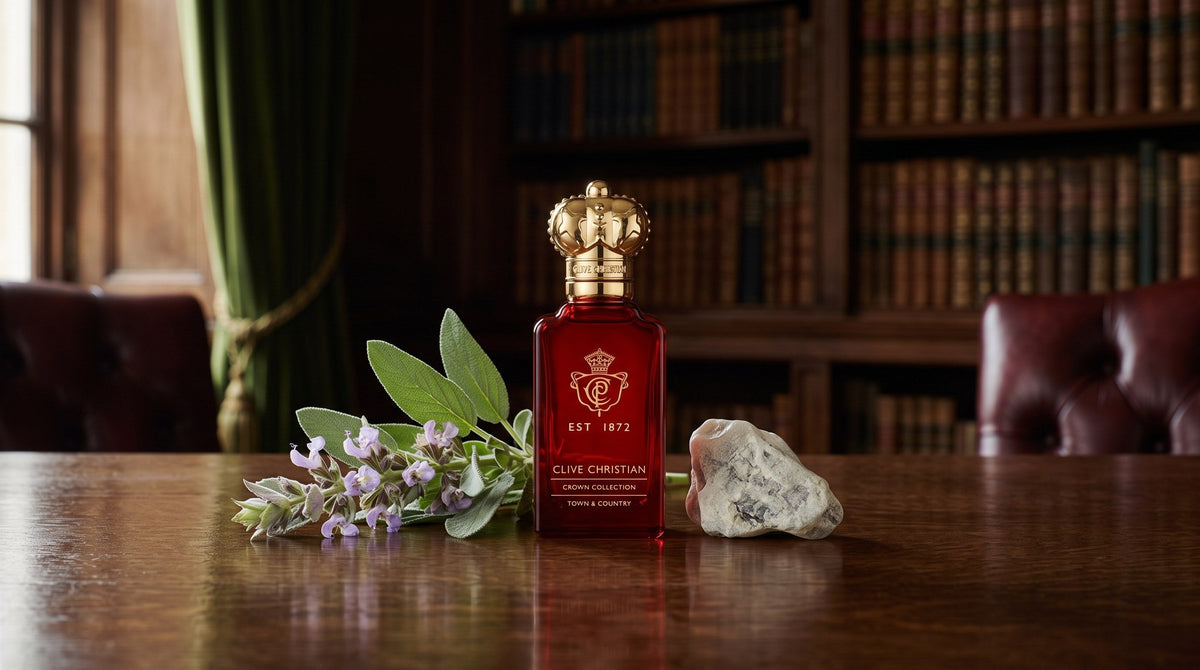 Clive Christian Town and Country red bottle with gold crown cap on a dark oak desk beside clary sage and grey amber