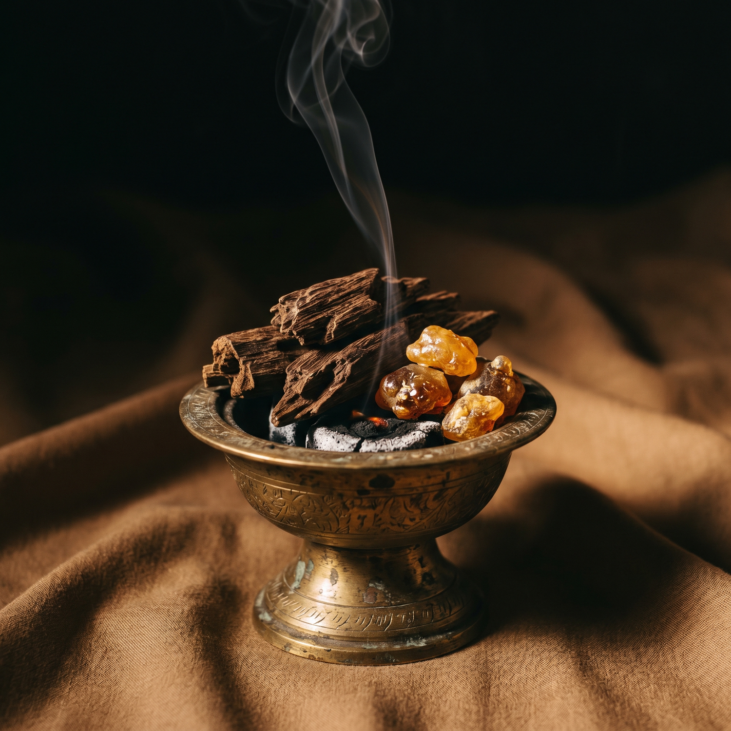 Dark agarwood chunks on a brass mabkhara with smoke rising, the raw material behind oud perfume