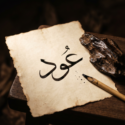 Hand-painted Arabic calligraphy of the word oud in rich black ink on aged cream parchment next to a piece of dark glossy agarwood