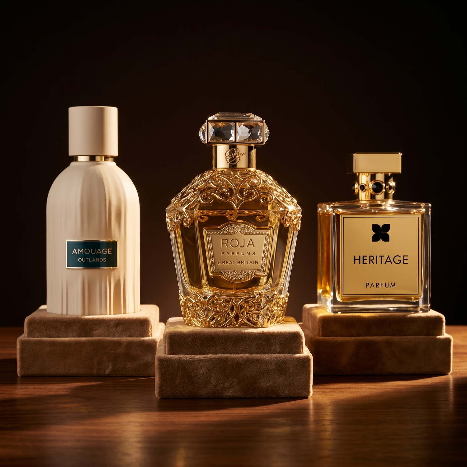 Three oud houses photographed on marble pedestals