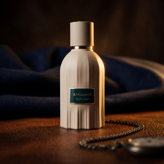 Amouage Outlands bottle in masculine editorial lighting