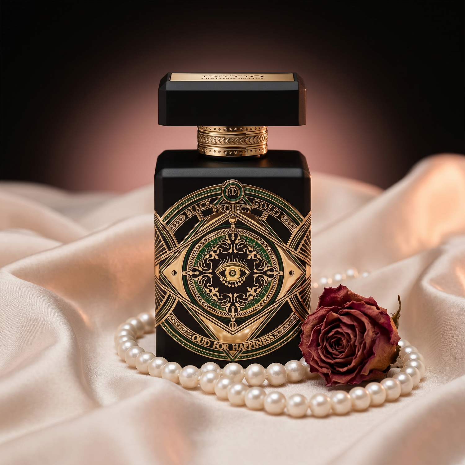 Initio Oud for Happiness bottle photographed with soft editorial styling