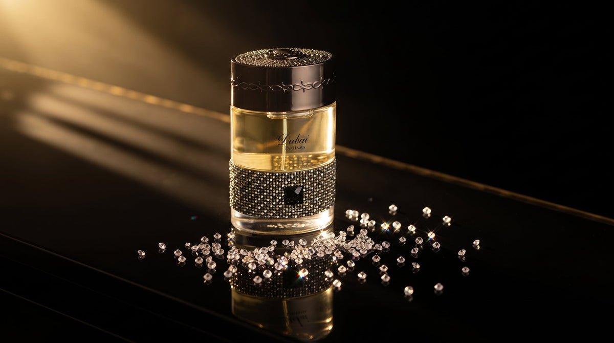 The Spirit of Dubai Fakhama EDP on polished piano black lacquer with scattered cut crystal beads catching warm golden light