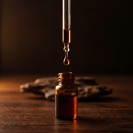 Dark oud oil drop forming at the tip of a pipette above an amber vial, with an agarwood chunk in the background
