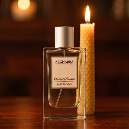 Alghabra Scent of Paradise EDP on dark cherrywood with a tall beeswax taper casting warm light