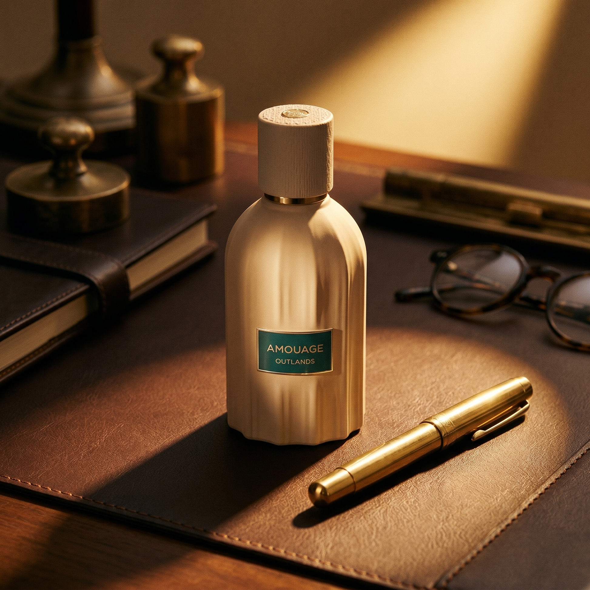 Amouage Outlands EDP on a leather-topped desk with a brass fountain pen