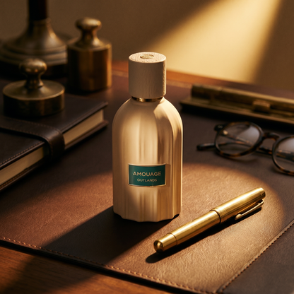 Amouage Outlands EDP on a leather-topped desk with a brass fountain pen