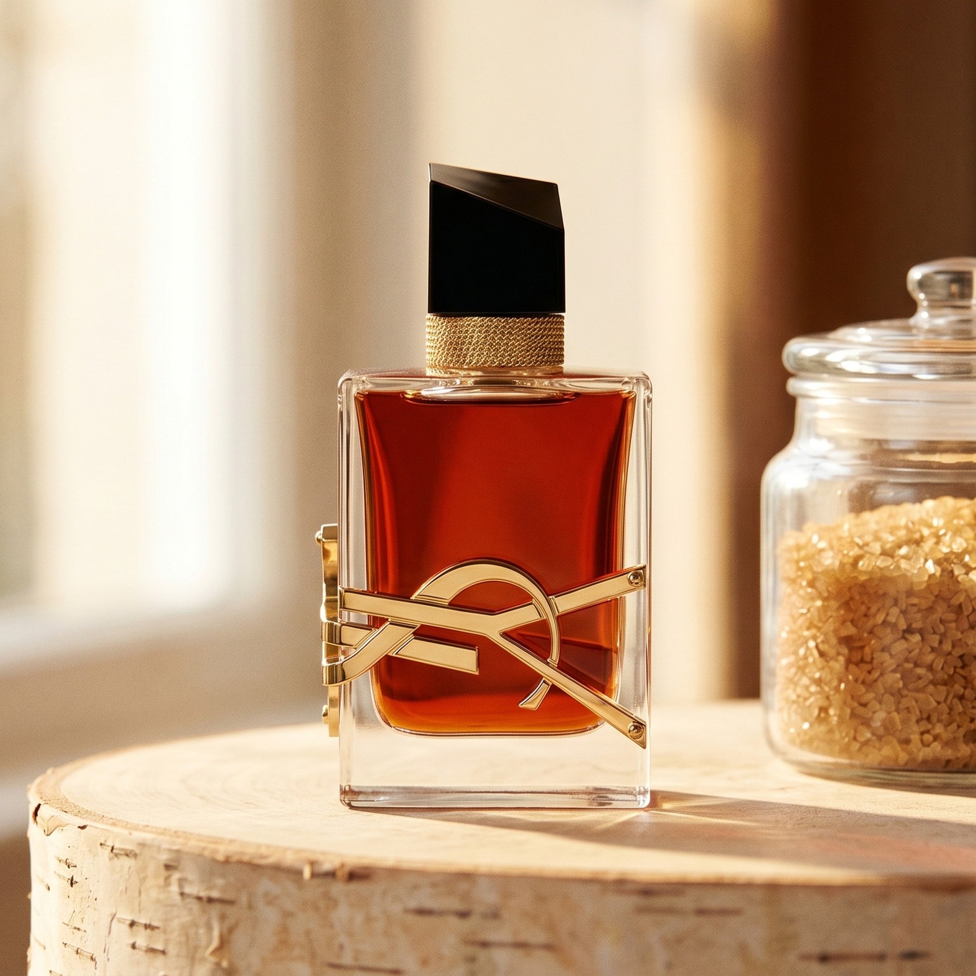 Yves Saint Laurent Libre EDP on birch surface with a glass jar of demerara sugar