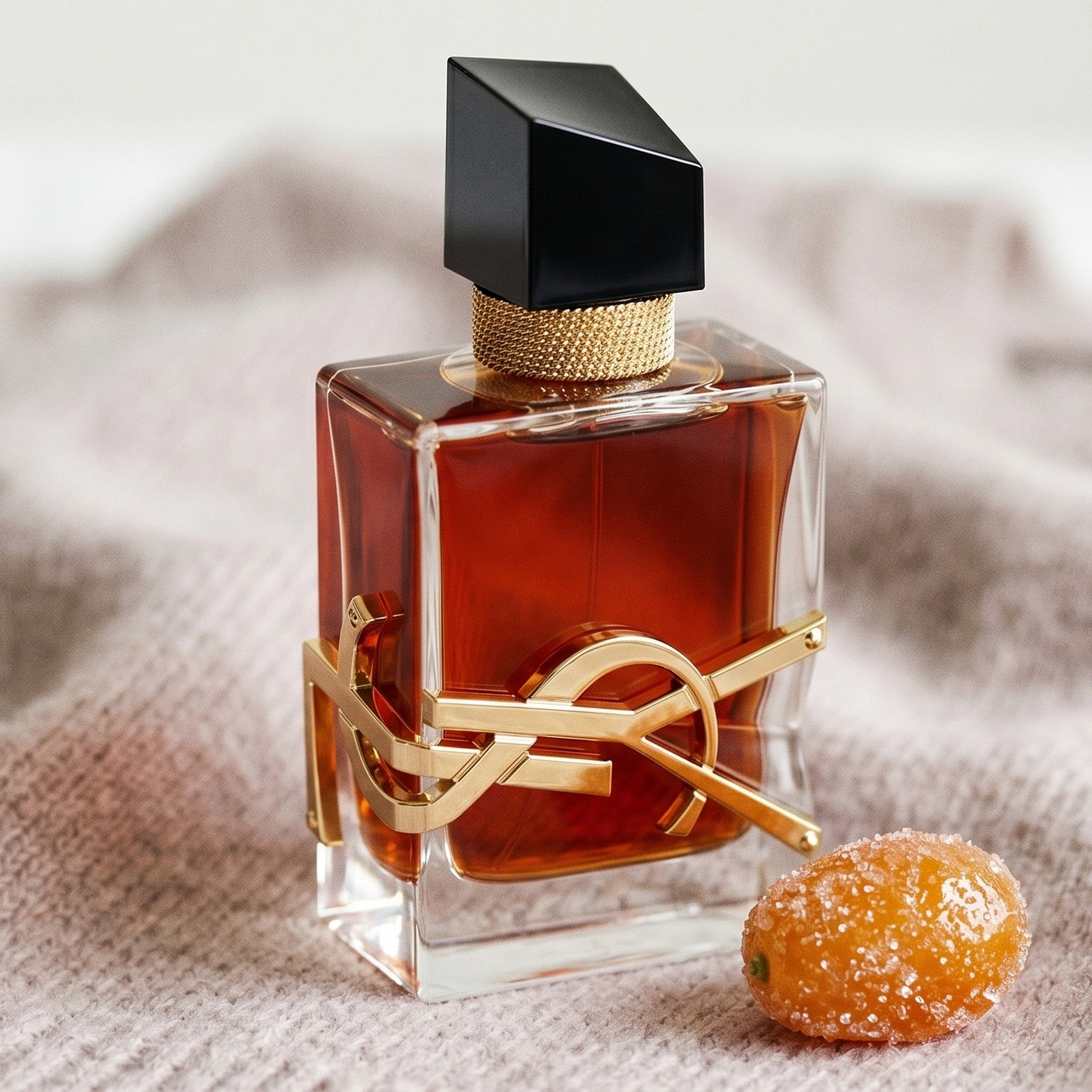 Yves Saint Laurent Libre EDP on pale taupe knit with a crystallized kumquat nearby