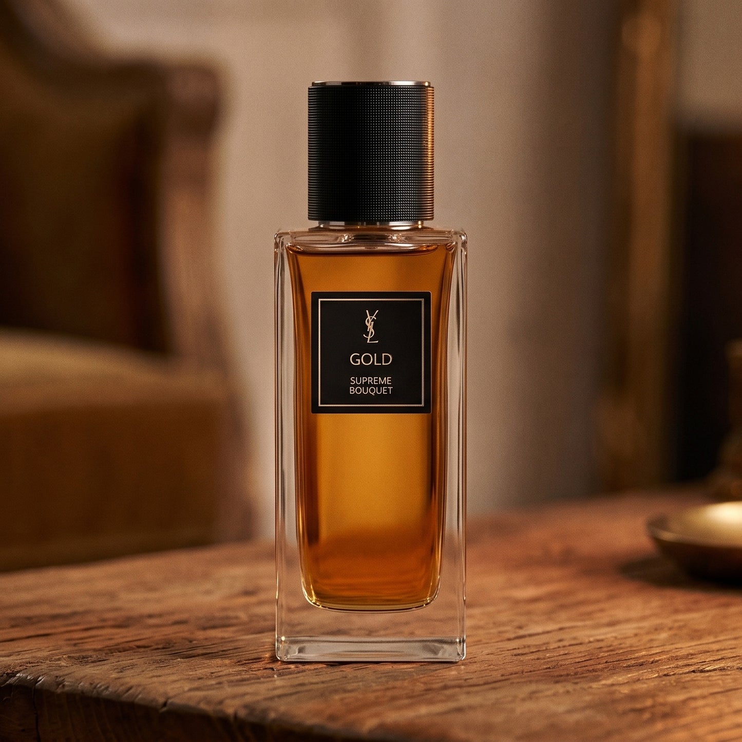 Yves Saint Laurent Supreme Bouquet EDP on aged teak with a candle burning gently to frame-right