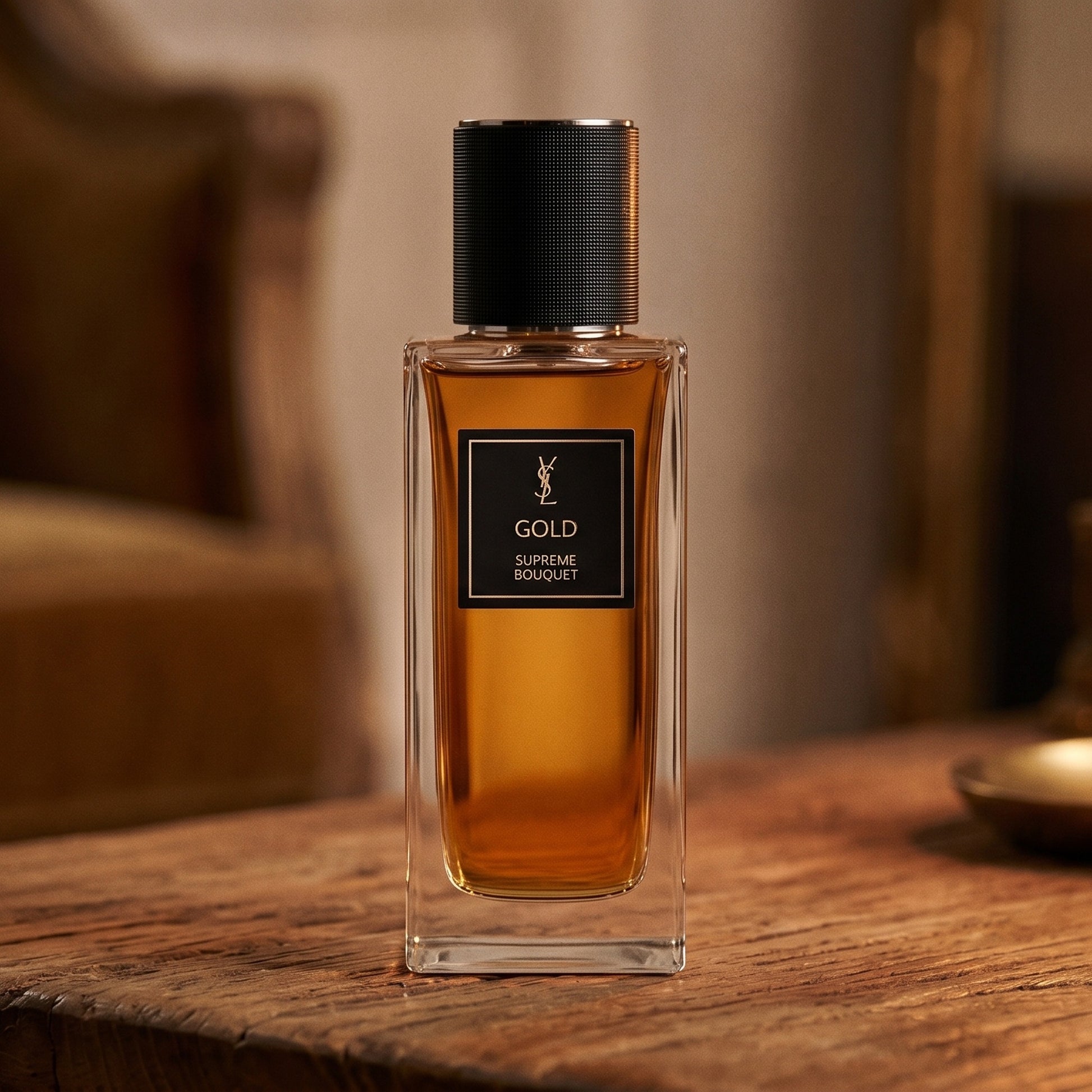 Yves Saint Laurent Supreme Bouquet EDP on aged teak with a candle burning gently to frame-right