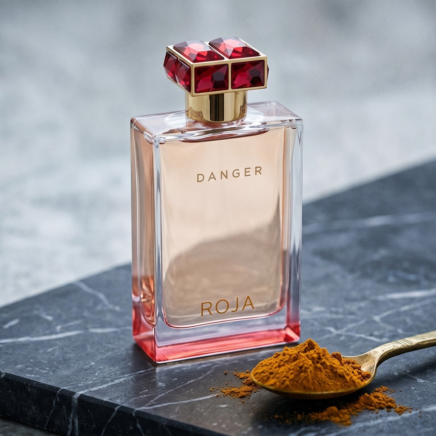 Roja Danger Pour Femme EDP on charcoal-toned marble with ground turmeric in a brass spoon