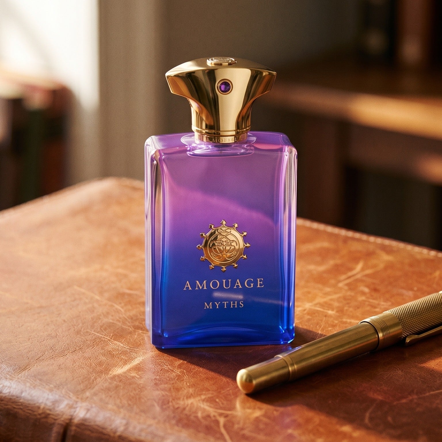 Amouage Myths Man on aged cognac-leather surface with a brass fountain pen resting beside the bottle