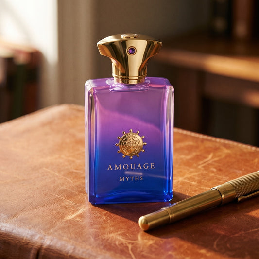 Amouage Myths Man on aged cognac-leather surface with a brass fountain pen resting beside the bottle
