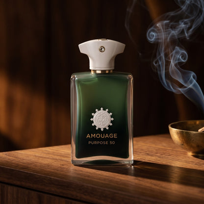 Amouage Purpose 50 Extrait on dark walnut console with a small brass incense bowl with smoke curling upward