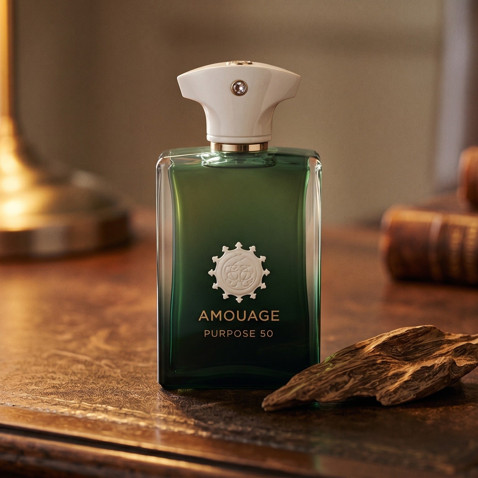 Amouage Purpose 50 Extrait on aged leather-topped desk with a single agarwood chip beside the bottle