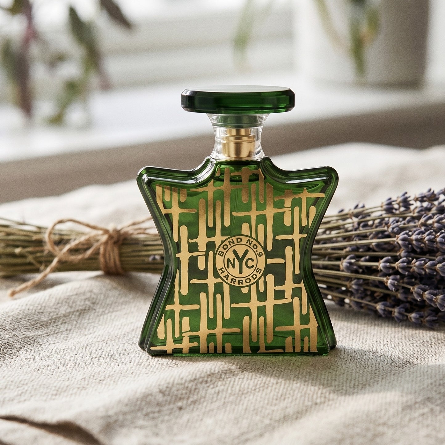 Bond No. 9 Harrods For Him EDP on unbleached linen with a bundle of dried lavender tied with twine