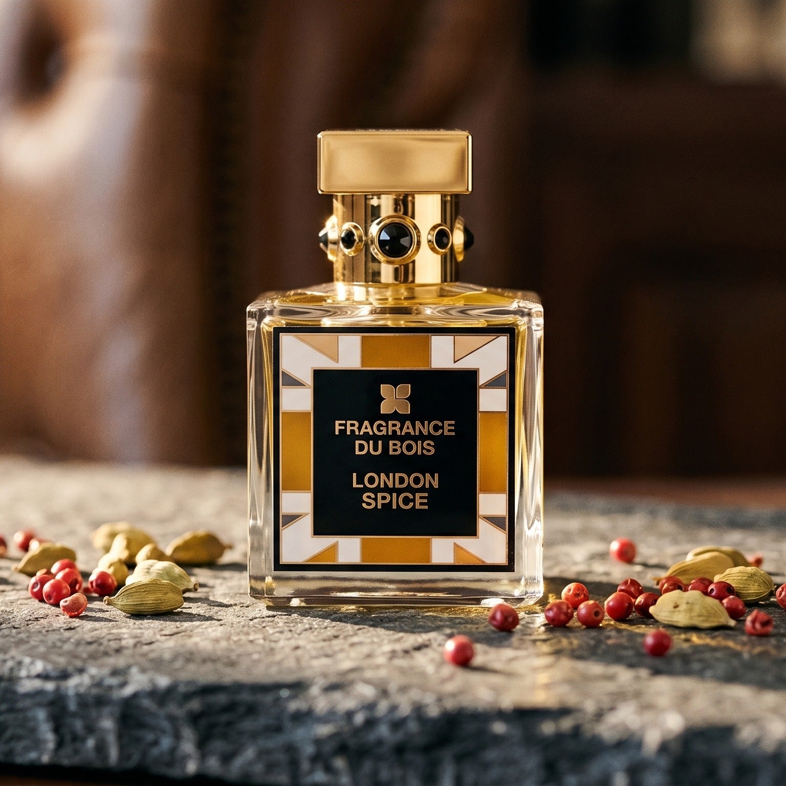 Fragrance Du Bois London Spice on dark grey stone slab with cardamom pods and pink peppercorns scattered