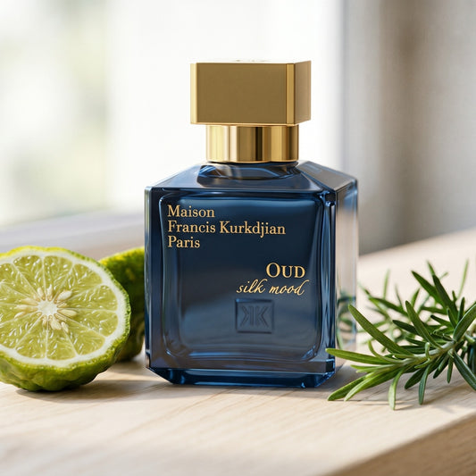 Maison Francis Kurkdjian (MFK) Oud Silk Mood EDP on bleached oak with a halved bergamot and sprig of rosemary