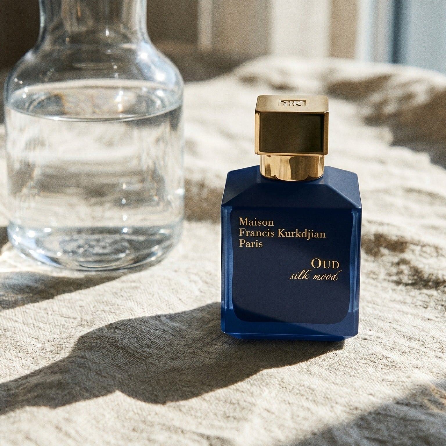 Maison Francis Kurkdjian (MFK) Oud Silk Mood EDP on raw linen, sun-bleached with a glass carafe of water catching light