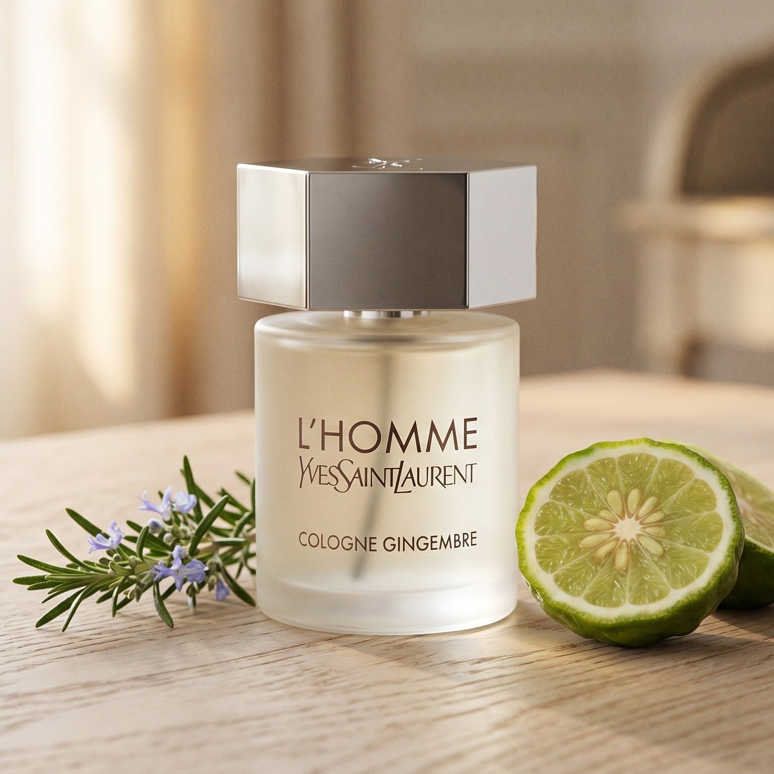 Yves Saint Laurent Lhomme Gingembre Cologne on bleached oak with a halved bergamot and sprig of rosemary
