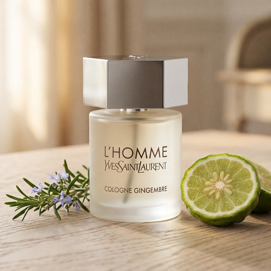 Yves Saint Laurent Lhomme Gingembre Cologne on bleached oak with a halved bergamot and sprig of rosemary