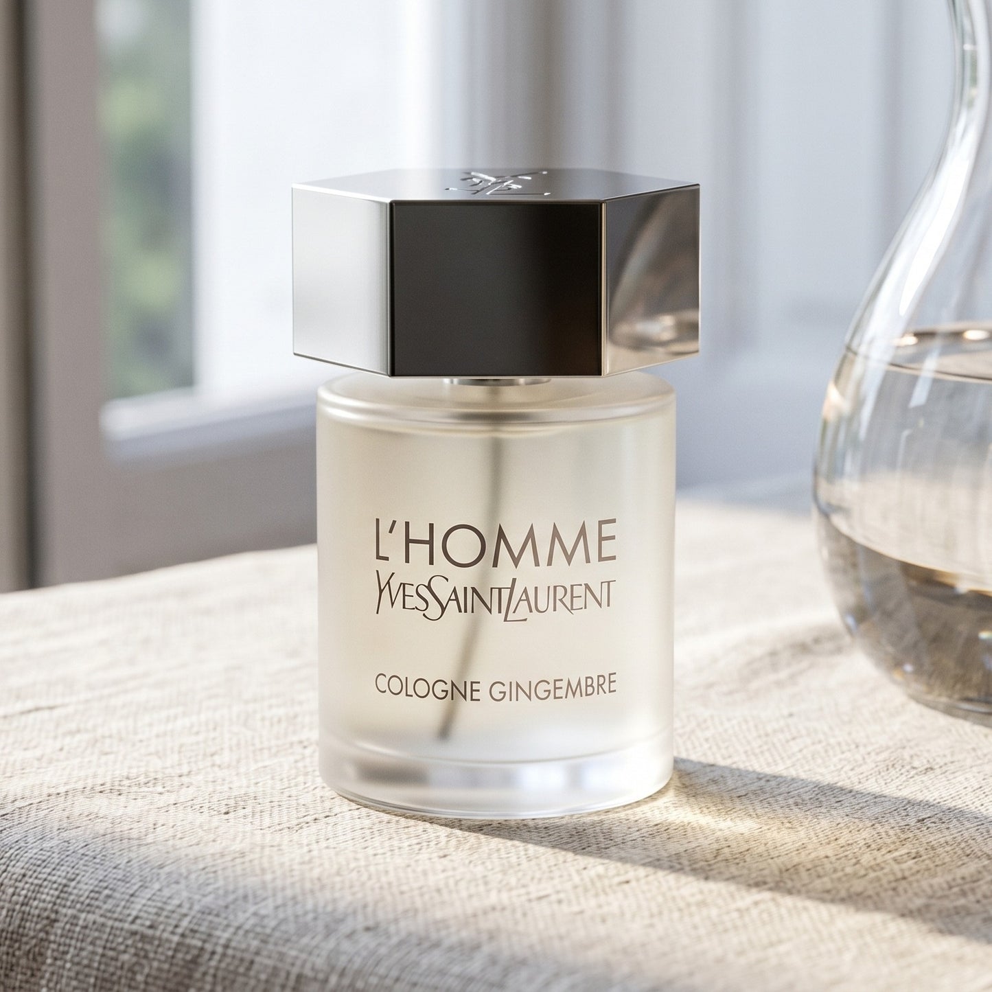 Yves Saint Laurent Lhomme Gingembre Cologne on raw linen, sun-bleached with a glass carafe of water catching light