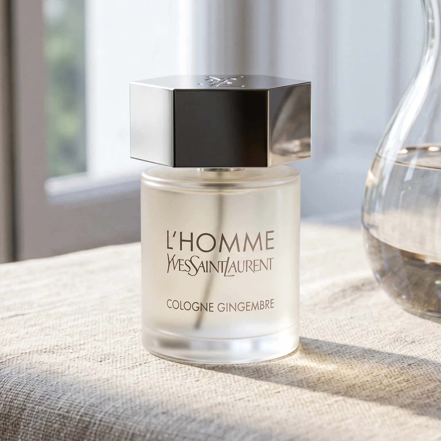 Yves Saint Laurent Lhomme Gingembre Cologne on raw linen, sun-bleached with a glass carafe of water catching light