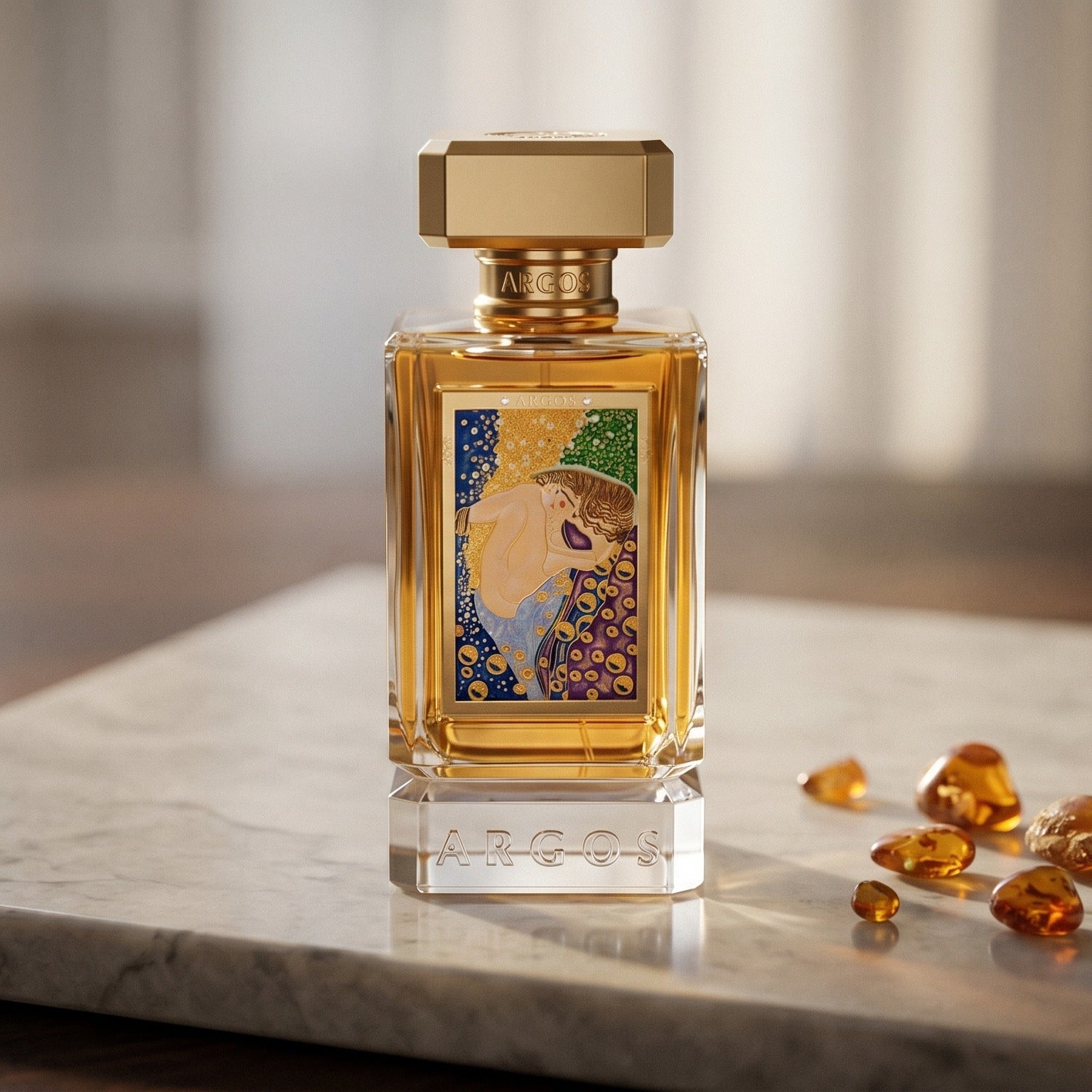Argos Love Triumphs Over War EDP on pale grey marble with amber resin beads scattered to one side