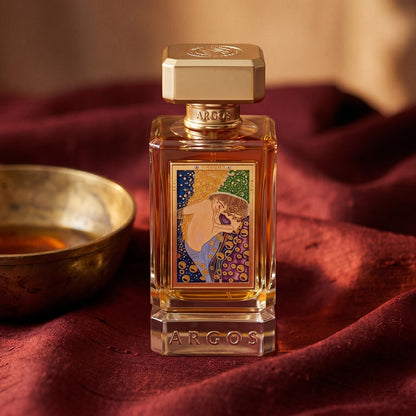 Argos Love Triumphs Over War EDP on raw silk of oxblood color with a brass bowl with ambergris tincture