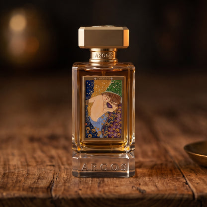 Argos Love Triumphs Over War EDP on aged teak with a candle burning gently to frame-right