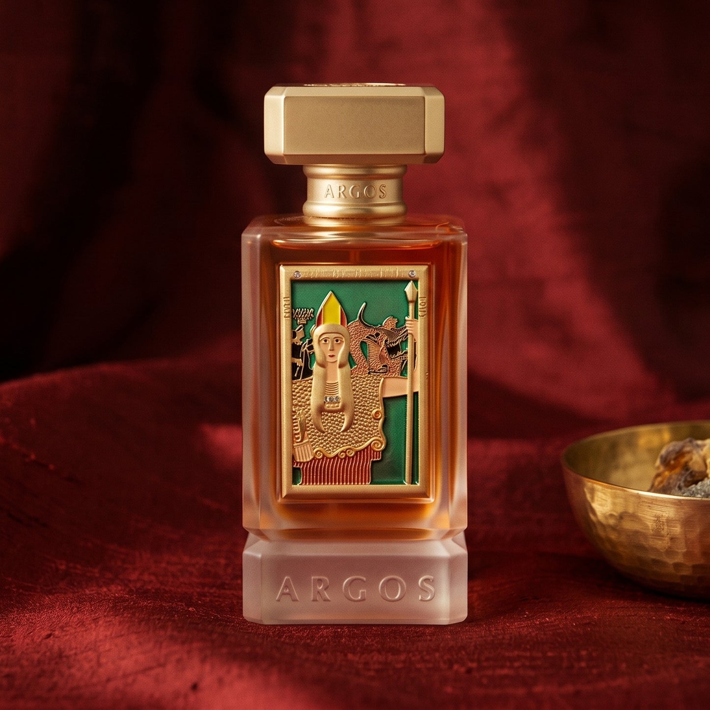Argos Pallas Athene EDP on raw silk of oxblood color with a brass bowl with ambergris tincture
