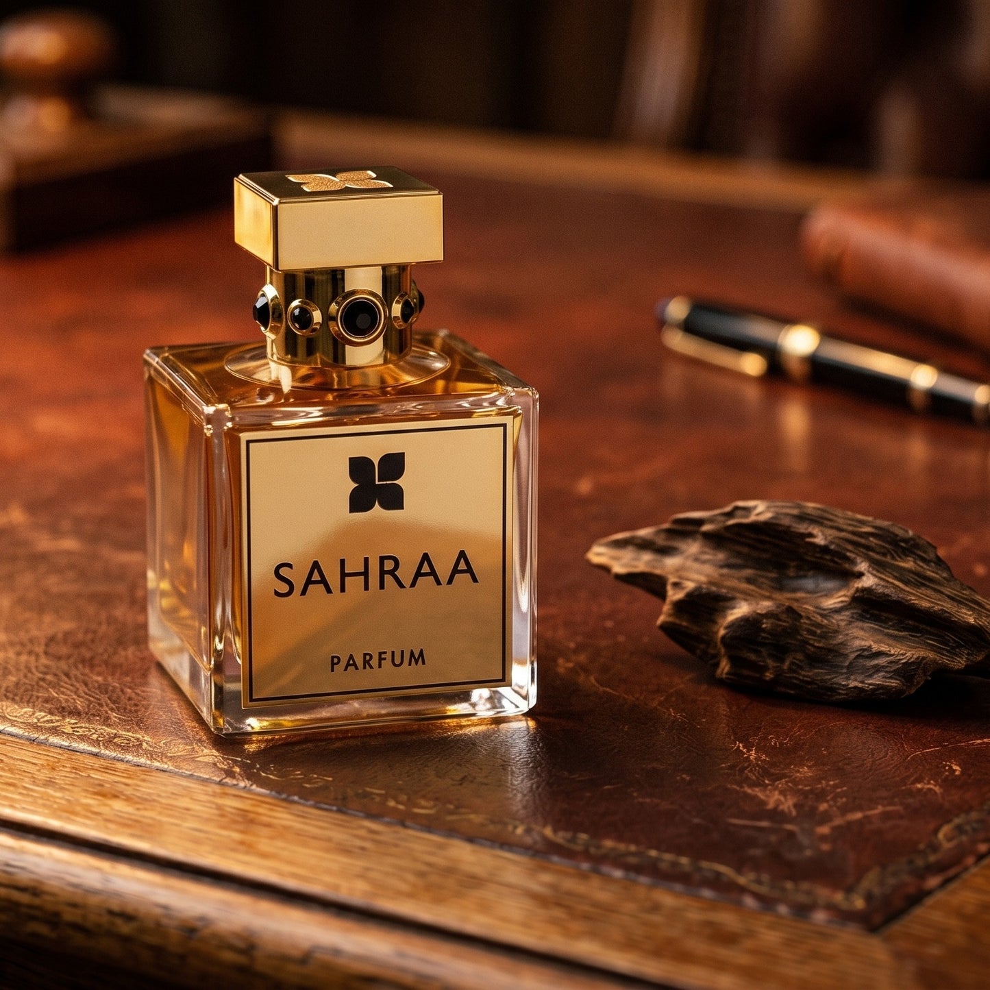 Fragrance Du Bois Sahraa Parfum EDP on aged leather-topped desk with a single agarwood chip beside the bottle
