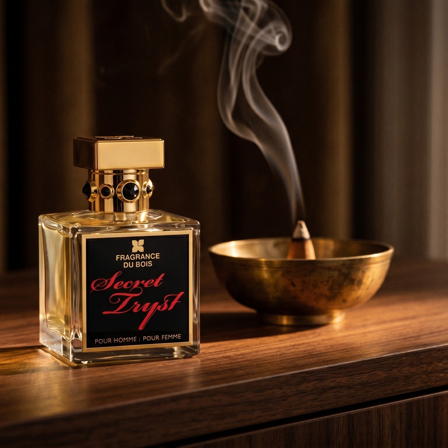Fragrance Du Bois Secret Tryst on dark walnut console with a small brass incense bowl with smoke curling upward