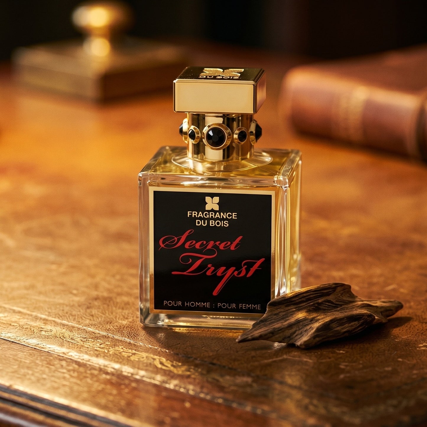 Fragrance Du Bois Secret Tryst on aged leather-topped desk with a single agarwood chip beside the bottle