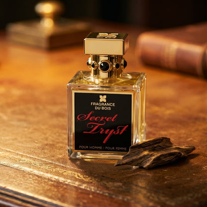 Fragrance Du Bois Secret Tryst on aged leather-topped desk with a single agarwood chip beside the bottle