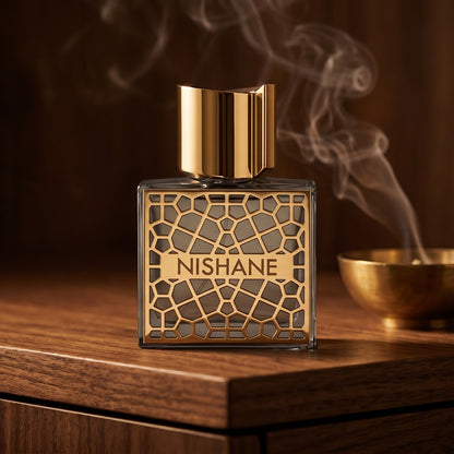 Nishane Nefs EDP on dark walnut console with a small brass incense bowl with smoke curling upward