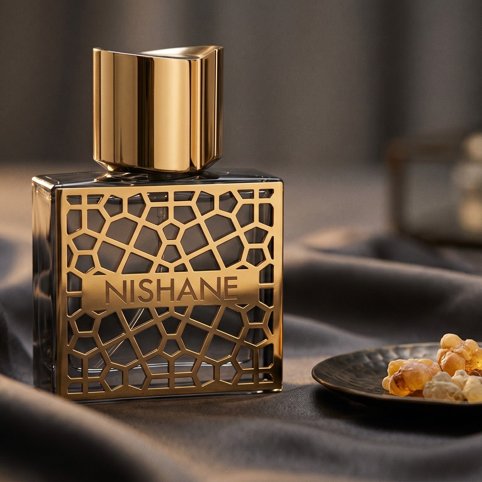 Nishane Nefs EDP on charcoal silk with frankincense resin granules in a small saucer
