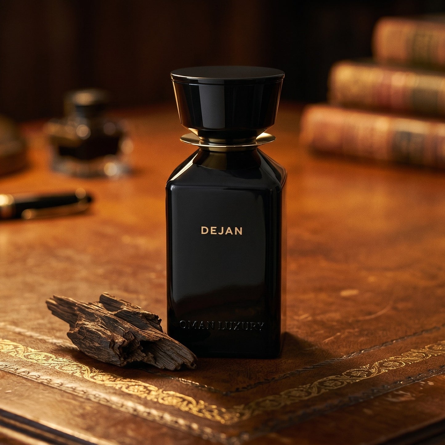 Oman Luxury Dejan EDP on aged leather-topped desk with a single agarwood chip beside the bottle