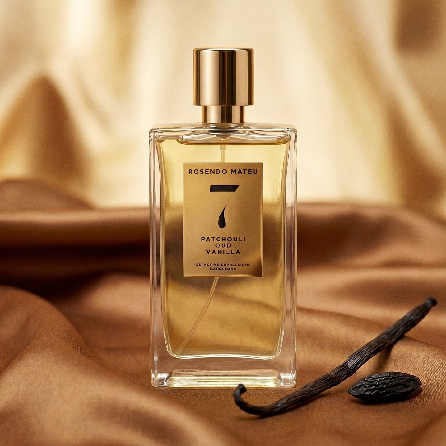 Rosendo Mateu No 7 EDP on warm caramel silk with a vanilla pod and tonka bean beside the bottle