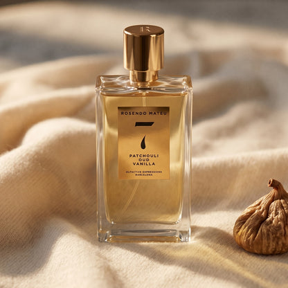 Rosendo Mateu No 7 EDP on cream cashmere with a single dried fig beside the bottle