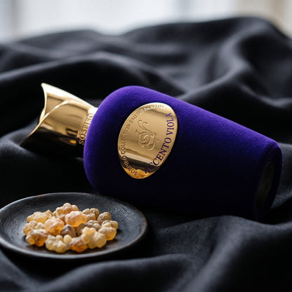 Sospiro Accento Viola EDP on charcoal silk with frankincense resin granules in a small saucer