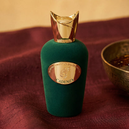 Sospiro Cadenza EDP on raw silk of oxblood color with a brass bowl with ambergris tincture