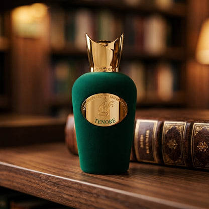 Sospiro Tenore EDP on dark walnut library shelf with a leather-bound book with gold foil