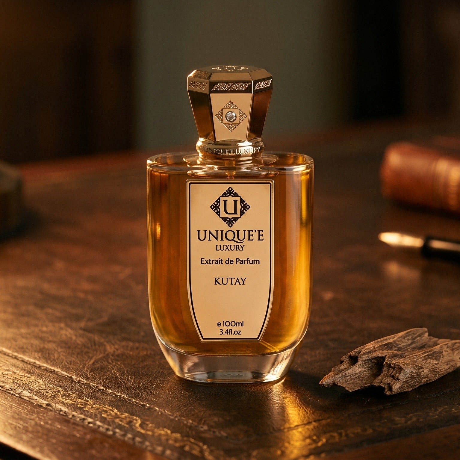 Unique Luxury Kutay Extrait on aged leather-topped desk with a single agarwood chip beside the bottle