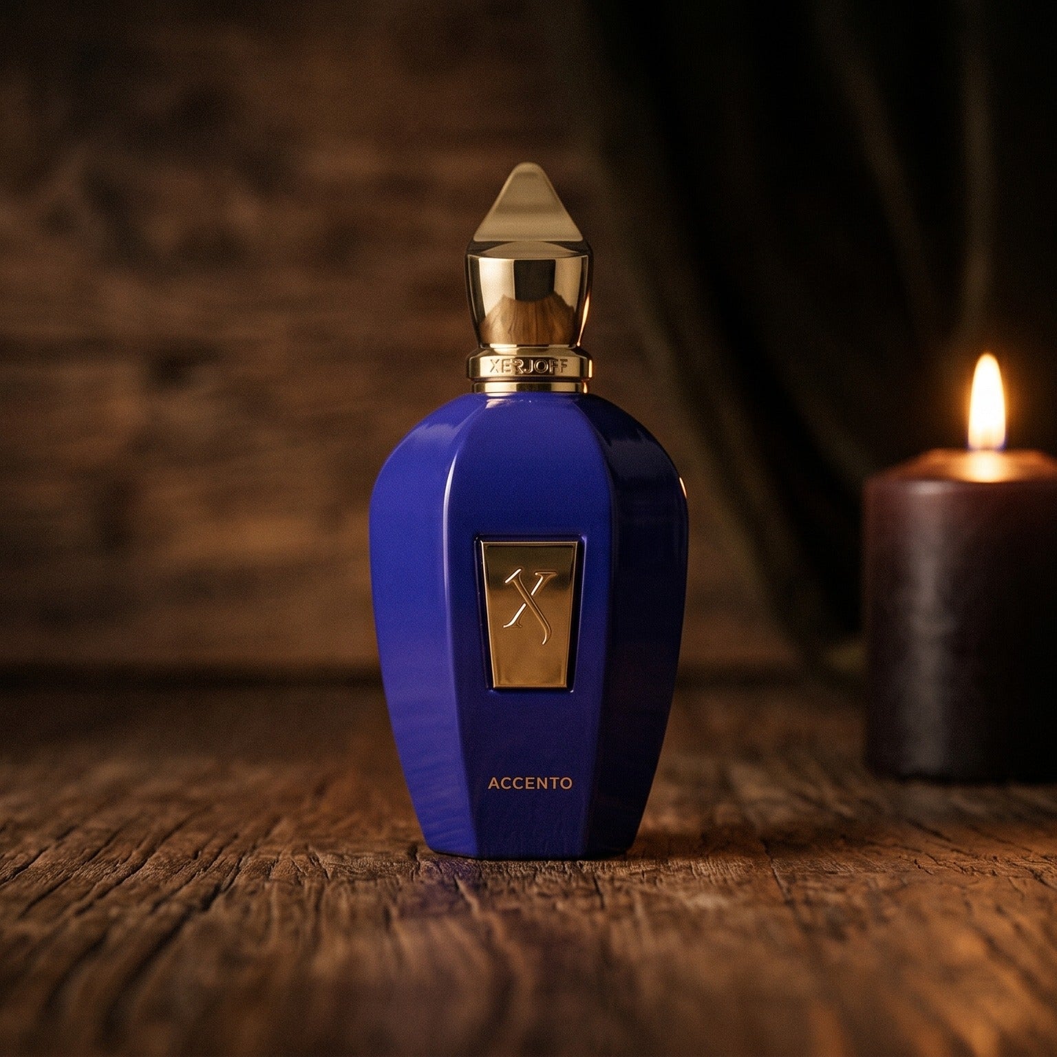 Xerjoff Accento EDP on aged teak with a candle burning gently to frame-right