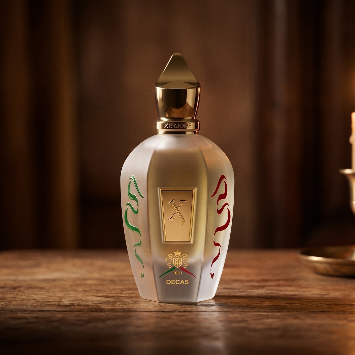 Xerjoff Decas EDP on aged teak with a candle burning gently to frame-right